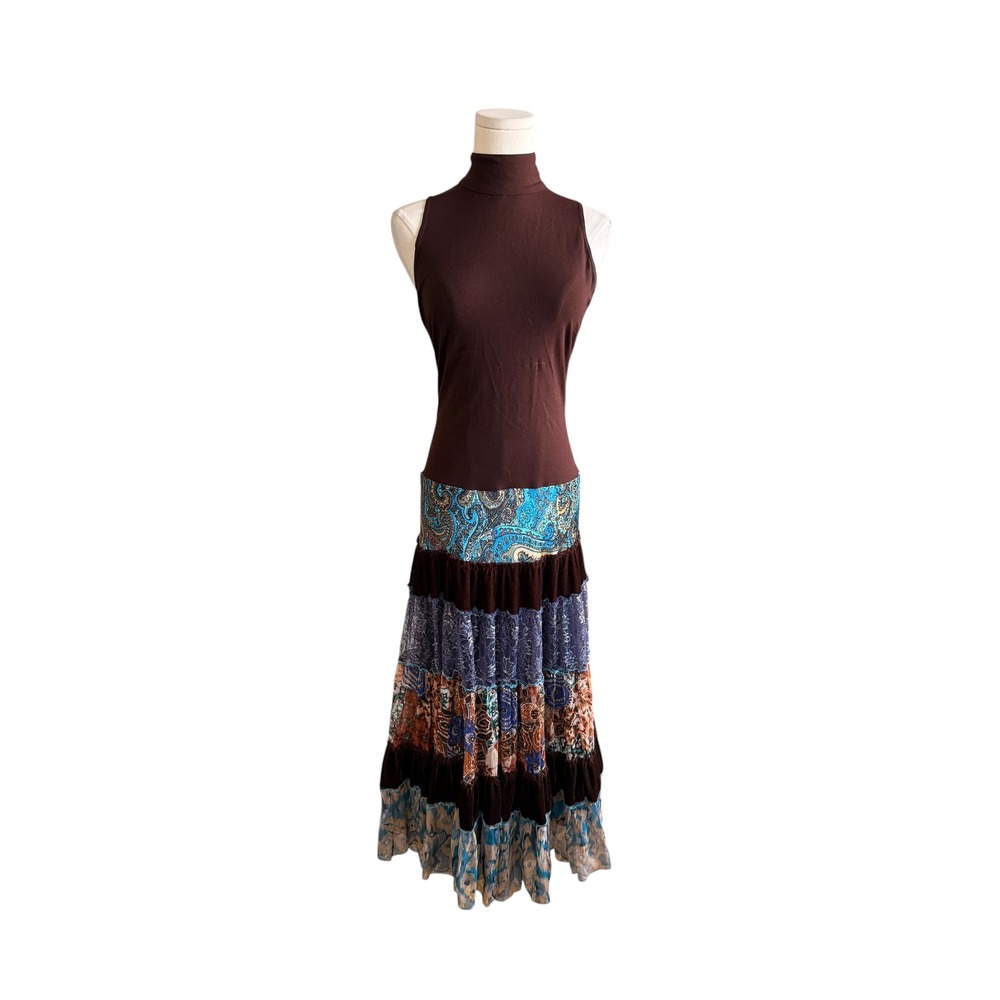 Vintage Y2K Caché Silk Patchwork Maxi Dress 4 Whimsigoth Fairy Boho Velvet
